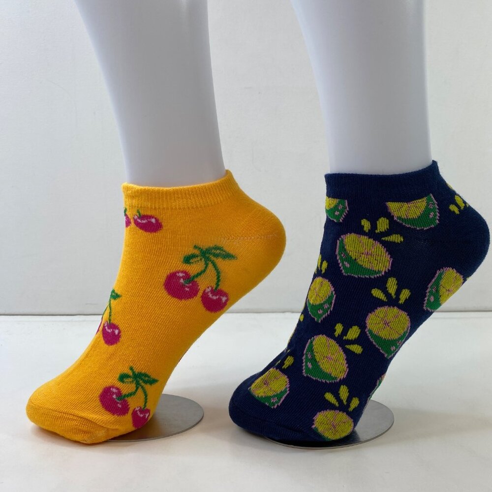 Womens Cherry Lime Patterned 2 Pack Ankle Socks Yellow Navy Fun Fruit Print